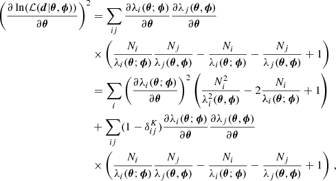 Mathematical equation: $$ \begin{aligned} \left(\frac{\partial \ln (\mathcal{L} (\boldsymbol{d}|\boldsymbol{\theta },\boldsymbol{\phi }))}{ \partial \boldsymbol{\theta }} \right)^2&= \sum _{ij} \frac{\partial \lambda _i(\boldsymbol{\theta };\boldsymbol{\phi })}{ \partial \boldsymbol{\theta }} \frac{\partial \lambda _j(\boldsymbol{\theta },\boldsymbol{\phi })}{ \partial \boldsymbol{\theta }} \nonumber \\&\times \left( \frac{N_i}{\lambda _i(\boldsymbol{\theta };\boldsymbol{\phi })}\frac{N_j}{\lambda _j(\boldsymbol{\theta },\boldsymbol{\phi })}-\frac{N_i}{\lambda _i(\boldsymbol{\theta };\boldsymbol{\phi })}-\frac{N_j}{\lambda _j(\boldsymbol{\theta },\boldsymbol{\phi })} + 1 \right) \nonumber \\&= \sum _{i} \left(\frac{\partial \lambda _i(\boldsymbol{\theta };\boldsymbol{\phi })}{ \partial \boldsymbol{\theta }} \right)^2 \left( \frac{N_i^2}{\lambda _i^2(\boldsymbol{\theta },\boldsymbol{\phi })}-2\frac{N_i}{\lambda _i(\boldsymbol{\theta };\boldsymbol{\phi })} + 1 \right) \nonumber \\&+ \sum _{ij} (1-\delta ^K_{ij}) \frac{\partial \lambda _i(\boldsymbol{\theta };\boldsymbol{\phi })}{ \partial \boldsymbol{\theta }} \frac{\partial \lambda _j(\boldsymbol{\theta },\boldsymbol{\phi })}{ \partial \boldsymbol{\theta }} \nonumber \\&\times \left( \frac{N_i}{\lambda _i(\boldsymbol{\theta };\boldsymbol{\phi })}\frac{N_j}{\lambda _j(\boldsymbol{\theta },\boldsymbol{\phi })}-\frac{N_i}{\lambda _i(\boldsymbol{\theta };\boldsymbol{\phi })}-\frac{N_j}{\lambda _j(\boldsymbol{\theta },\boldsymbol{\phi })} + 1 \right) \, , \end{aligned} $$