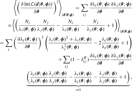 Mathematical equation: $$ \begin{aligned} \left\langle \left( \frac{\partial \ln (\mathcal{L} (\boldsymbol{d}|\boldsymbol{\theta },\boldsymbol{\phi }))}{ \partial \boldsymbol{\theta }} \right)^2 \right\rangle _{(\boldsymbol{d} | \boldsymbol{\theta }, \boldsymbol{\phi })} = \sum _{ij} \frac{\partial \lambda _i(\boldsymbol{\theta };\boldsymbol{\phi })}{ \partial \boldsymbol{\theta }} \frac{\partial \lambda _j(\boldsymbol{\theta };\boldsymbol{\phi })}{ \partial \boldsymbol{\theta }} \nonumber \\ \times \left\langle \left( \frac{N_i}{\lambda _i(\boldsymbol{\theta };\boldsymbol{\phi })} \frac{N_j}{\lambda _j(\boldsymbol{\theta },\boldsymbol{\phi })} - \frac{N_i}{\lambda _i(\boldsymbol{\theta };\boldsymbol{\phi })} - \frac{N_j}{\lambda _j(\boldsymbol{\theta };\boldsymbol{\phi })} + 1 \right) \right\rangle _{(\boldsymbol{d}|\boldsymbol{\theta }, \boldsymbol{\phi })}\nonumber \\ =\sum _{i} \left( \frac{\partial \lambda _i(\boldsymbol{\theta };\boldsymbol{\phi })}{\partial \boldsymbol{\theta }} \right)^2 \left( \frac{\lambda _i(\boldsymbol{\theta }; \boldsymbol{\phi })^2 + \lambda _i(\boldsymbol{\theta }; \boldsymbol{\phi })}{\lambda _i^2(\boldsymbol{\theta };\boldsymbol{\phi })} - 2\frac{\lambda _i(\boldsymbol{\theta }; \boldsymbol{\phi })}{\lambda _i(\boldsymbol{\theta };\boldsymbol{\phi })} + 1 \right) \nonumber \\ + \sum _{ij} (1-\delta ^K_{ij}) \frac{\partial \lambda _i(\boldsymbol{\theta };\boldsymbol{\phi })}{ \partial \boldsymbol{\theta }} \frac{\partial \lambda _j(\boldsymbol{\theta };\boldsymbol{\phi })}{ \partial \boldsymbol{\theta }} \nonumber \\ \underbrace{ \left( \frac{\lambda _i(\boldsymbol{\theta }; \boldsymbol{\phi })}{\lambda _i(\boldsymbol{\theta };\boldsymbol{\phi })} \frac{\lambda _j(\boldsymbol{\theta }; \boldsymbol{\phi })}{\lambda _j(\boldsymbol{\theta },\boldsymbol{\phi })} - \frac{\lambda _i(\boldsymbol{\theta }; \boldsymbol{\phi })}{\lambda _i(\boldsymbol{\theta };\boldsymbol{\phi })} - \frac{\lambda _j(\boldsymbol{\theta }; \boldsymbol{\phi })}{\lambda _j(\boldsymbol{\theta };\boldsymbol{\phi })} + 1 \right)}_{=0} \, , \end{aligned} $$