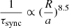 Mathematical equation: $ \frac{1}{\tau_{\mathrm{sync}}} \propto (\frac{R}{a})^{8.5} $