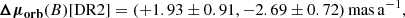 Mathematical equation: $$ \begin{aligned}&\boldsymbol{\Delta \mu _\mathrm{orb} }(B)[\mathrm{DR2} ] = (+1.93 \pm 0.91 , -2.69 \pm 0.72)\,\mathrm {mas\,a} ^{-1} , \end{aligned} $$