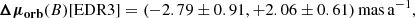 Mathematical equation: $$ \begin{aligned}&\boldsymbol{\Delta \mu _\mathrm{orb} }(B)[\mathrm{EDR3} ] = (-2.79 \pm 0.91 , +2.06 \pm 0.61)\,\mathrm {mas\,a} ^{-1}, \end{aligned} $$
