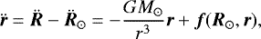 \begin{equation*}\ddot{\vec{r}} = \ddot{\vec{R}} - \ddot{\vec{R}}_{\odot} = - \frac{G M_{\odot}}{r^3} \vec{r} + \vec{f}(\vec{R}_{\odot},\vec{r}),\end{equation*}