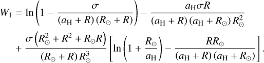 \begin{align*}W_1 = \ln\left(1- \frac{\sigma}{\left(a_{\textrm{H}}+R\right)\left(R_{\odot}+R\right)}\right) - \frac{a_{\textrm{H}} \sigma R}{\left(a_{\textrm{H}}+R\right)\left(a_{\textrm{H}}+R_{\odot}\right) R_{\odot}^2} \nonumber \\& + \frac{\sigma \left(R_{\odot}^2 + R^2 + R_{\odot} R\right)}{\left(R_{\odot}+R\right) R_{\odot}^3} \left[ \ln\left(1+\frac{R_{\odot}}{a_{\textrm{H}}}\right) - \frac{R R_{\odot}}{\left(a_{\textrm{H}}+R\right)\left(a_{\textrm{H}}+R_{\odot}\right)}\right]. \end{align*}