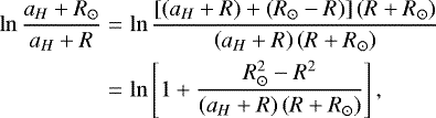\begin{eqnarray*}\ln \frac{a_H+R_{\odot}}{a_H+R} &=& \ln \frac{\left[ \left(a_H+R\right)+\left(R_{\odot} -R\right) \right]\left(R+R_{\odot} \right)}{\left(a_H+R\right)\left(R+R_{\odot} \right)} \nonumber\\&=& \ln \left[ 1 + \frac{ R_{\odot}^2- R^2}{\left(a_H+R\right)\left(R+R_{\odot} \right)}\right],\end{eqnarray*}