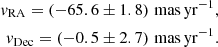 $$ \begin{aligned} { v}_{\rm RA} = \left(-65.6 \pm 1.8\right)\,\mathrm{mas\,yr}^{-1},\\ { v}_{\rm Dec} = \left(-0.5 \pm 2.7\right)\,\mathrm{mas\,yr}^{-1}. \end{aligned} $$