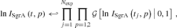 $$ \begin{aligned} \ln I_{\rm SgrA}\left(t,p\right)&\hookleftarrow \prod _{j=1}^{N_{\rm exp}} \prod _{p=1,2} \mathcal{G} \left[\ln \left.I_{\rm SgrA}\left(t_j,p\right)\, \right| 0, 1\right]\,, \end{aligned} $$