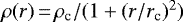 Mathematical equation: $\rho(r)\,{=}\,\rho_{\textrm{c}}/(1+(r/r_{\textrm{c}}){}^{2})$
