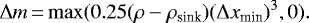 Mathematical equation: \begin{equation*} \Delta m\,{=}\,\mathrm{max}(0.25(\rho-\rho_{\textrm{sink}})(\Delta x_{\textrm{min}}){}^3,0). \end{equation*}