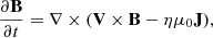 Mathematical equation: $$ \begin{aligned} \frac{\partial \mathbf B }{\partial t} = \nabla \times (\mathbf V \times \mathbf B - \eta \mu _0 \mathbf J ), \end{aligned} $$