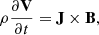 Mathematical equation: $$ \begin{aligned} \rho \frac{\partial \mathbf V }{\partial t} = \mathbf J \times \mathbf B , \end{aligned} $$