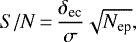 Mathematical equation: \begin{equation*}S/N\,{=}\,\frac{\delta_{\textrm{ec}}}{\sigma} \sqrt{N_{\textrm{ep}}},\end{equation*}