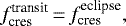 Mathematical equation: \begin{equation*}f_{\textrm{cres}}^{\textrm{transit}}\,{=}\,f_{\textrm{cres}}^{\textrm{eclipse}},\end{equation*}