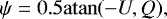 Mathematical equation: \begin{equation*} \psi = 0.5 \mathrm{atan} (-U, Q),\end{equation*}