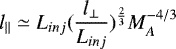 Mathematical equation: \begin{equation*}l_{\parallel}\simeq L_{inj}(\frac{l_{\bot}}{L_{inj}}){}^{\frac{2}{3}}M_A^{-4/3} \end{equation*}
