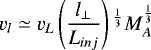 Mathematical equation: \begin{equation*}v_{l}\simeq v_L\left(\frac{l_{\perp}}{L_{inj}}\right){}^{\frac{1}{3}}M_A^{\frac{1}{3}} \end{equation*}