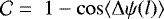Mathematical equation: $\mathcal{C} ={\;}1 - \cos \langle \Delta \psi (l) \rangle$
