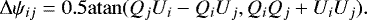 Mathematical equation: \begin{equation*} \Delta \polang_{ij} = 0.5 \mathrm{atan} (Q_j U_i - Q_i U_j, Q_i Q_j + U_i U_j). \end{equation*}