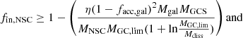 Mathematical equation: $$ \begin{aligned}&f_{\rm in, NSC} \ge 1 - \left(\frac{\eta (1-f_{\rm acc, gal})^2 M_{\rm gal} M_{\rm GCS}}{M_{\rm NSC} M_{\rm GC, lim} (1 + {\ln } \frac{M_{\rm GC, lim}}{M_{\rm diss}})} \right) \mathrm{and} \end{aligned} $$