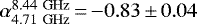Mathematical equation: $\alpha_{4.71\ \mathrm{GHz}}^{8.44\ \mathrm{GHz}}\,{=}\,{-}0.83\,{\pm}\,0.04$