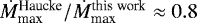 Mathematical equation: $\dot{M}^{\textrm{Haucke}}_{\textrm{max}}/\dot{M}^{\textrm{this work}}_{\textrm{max}} \approx 0.8$