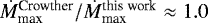 Mathematical equation: $\dot{M}^{\textrm{Crowther}}_{\textrm{max}}/\dot{M}^{\textrm{this work}}_{\textrm{max}} \approx 1.0$