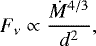 Mathematical equation: \begin{equation*}F_{\nu}\propto \dfrac{\dot M^{4/3}}{d^2},\end{equation*}