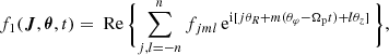 Mathematical equation: $$ \begin{aligned} f_1(\boldsymbol{J},\boldsymbol{\theta },t) = \text{ Re}\, \biggl \{ \sum _{j,l=-n}^n f_{jml}\,\mathrm{e} ^{\mathrm{i} [j\theta _R+m(\theta _{\varphi }-\Omega _\mathrm{p} t)+l\theta _z]} \, \biggr \} , \end{aligned} $$