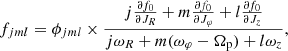 Mathematical equation: $$ \begin{aligned} f_{jml} = \phi _{jml} \times \frac{j\frac{\partial f_0}{\partial J_R}+m\frac{\partial f_0}{\partial J_\varphi }+l\frac{\partial f_0}{\partial J_z}}{j\omega _R+m(\omega _\varphi -\Omega _\mathrm{p} )+l\omega _z}, \end{aligned} $$