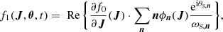 Mathematical equation: $$ \begin{aligned} f_1(\boldsymbol{J},\boldsymbol{\theta },t) = \text{ Re}\, \biggl \{ \frac{\partial f_0}{\partial \boldsymbol{J}}(\boldsymbol{J}) \cdot \sum _{\boldsymbol{n}} \boldsymbol{n}\phi _{\boldsymbol{n}}(\boldsymbol{J}) \frac{\mathrm{e} ^{\mathrm{i} \theta _{\text{s},\boldsymbol{n}}}}{\omega _{\text{s},\boldsymbol{n}}} \biggr \} , \end{aligned} $$