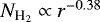 Mathematical equation: $N_{\textrm{H}_2} \propto r^{-0.38}$