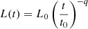 Mathematical equation: $ L(t) = L_0 \left(\frac{t}{t_0}\right)^{-q} $