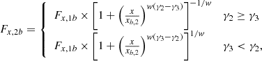 Mathematical equation: $$ \begin{aligned} \begin{split} F_{x,2b} = {\left\{ \begin{array}{ll} F_{x,1b} \times \left[1 + \left(\frac{x}{x_{b,2}}\right)^{{ w}(\gamma _2 - \gamma _3)}\right]^{-1/{ w}}&\gamma _2 \ge \gamma _3 \\ F_{x,1b} \times \left[1 + \left(\frac{x}{x_{b,2}}\right)^{{ w}(\gamma _3 - \gamma _2)}\right]^{1/{ w}}&\gamma _3 < \gamma _2, \\ \end{array}\right.} \end{split} \end{aligned} $$
