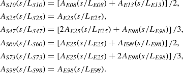Mathematical equation: $$ \begin{aligned} \begin{aligned}&{A_{\textit{S10}}(s/L_{\textit{S10}})} = \left[ {A_{\textit{E08}}(s/L_{\textit{E08}})} + {A_{\textit{E13}}(s/L_{\textit{E13}})}\right] / 2, \\&{A_{\textit{S25}}(s/L_{\textit{S25}})} = {A_{\textit{E25}}(s/L_{\textit{E25}})}, \\&{A_{\textit{S47}}(s/L_{\textit{S47}})} = \left[2 {A_{\textit{E25}}(s/L_{\textit{E25}})} + {A_{\textit{E98}}(s/L_{\textit{E98}})}\right] / 3, \\&{A_{\textit{S60}}(s/L_{\textit{S60}})} = \left[ {A_{\textit{E25}}(s/L_{\textit{E25}})} + {A_{\textit{E98}}(s/L_{\textit{E98}})}\right] / 2, \\&{A_{\textit{S73}}(s/L_{\textit{S73}})} = \left[ {A_{\textit{E25}}(s/L_{\textit{E25}})} + 2 {A_{\textit{E98}}(s/L_{\textit{E98}})}\right] / 3, \\&{A_{\textit{S98}}(s/L_{\textit{S98}})} = {A_{\textit{E98}}(s/L_{\textit{E98}})}. \end{aligned} \end{aligned} $$