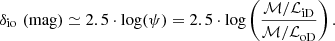 Mathematical equation: $$ \begin{aligned} \delta _{\rm io}\,\,\mathrm{(mag)} \simeq 2.5\cdot \log (\psi ) = 2.5\cdot \log \left(\frac{\mathcal{{M/L}}_{\rm iD}}{\mathcal{{M/L}}_{\rm oD}}\right). \end{aligned} $$