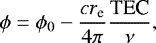 Mathematical equation: \begin{equation*}\phi = \phi_0 - \frac{c r_{\textrm{e}}}{4 \pi}\frac{\textrm{TEC}}{\nu}, \end{equation*}