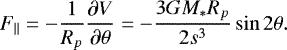 Mathematical equation: \begin{equation*}F_{\parallel}= -\frac{1}{R_p} \frac{\partial V}{\partial \theta} = - \frac{3GM_* R_p}{2s^3}\sin2\theta.\end{equation*}
