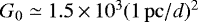 Mathematical equation: $G_0\simeq 1.5\,{\times}\, 10^3(1\,\mathrm{pc}/d)^2$