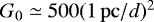Mathematical equation: $G_0\simeq 500(1\,\mathrm{pc}/d)^2$