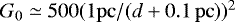 Mathematical equation: $G_0\simeq 500 (1\mathrm{pc}/(d+0.1\,\mathrm{pc}))^2$