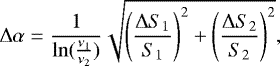 Mathematical equation: \begin{align*}\Delta\alpha =\frac{1}{\ln(\frac{\nu_{\mathrm{1}}}{\nu_{\mathrm{2}}})}\sqrt{\left(\frac{\Delta S_{\mathrm{1}}}{S_{\mathrm{1}}}\right)^{\mathrm{2}}+\left(\frac{\Delta S_{\mathrm{2}}}{S_{\mathrm{2}}}\right)^{\mathrm{2}}},\end{align*}