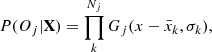 Mathematical equation: $$ \begin{aligned} P(O_j|\mathbf X ) = \prod _k^{N_j} G_j(x-\bar{x}_k,\sigma _k), \end{aligned} $$
