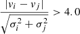 Mathematical equation: $$ \begin{aligned} \frac{|{ v}_{i} - { v}_{j}|}{\sqrt{\sigma _{i}^{2} + \sigma _{j}^{2}}} > 4.0 \end{aligned} $$