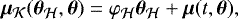 Mathematical equation: \begin{align*} \bm \mu_{\mathcal{K}}(\bm \theta_{\mathcal{H}}, \bm \theta) = \varphi_{\mathcal{H}} \bm \theta_{\mathcal{H}} + \bm \mu(t, \bm \theta),\end{align*}