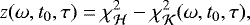 Mathematical equation: \begin{align*} z(\omega, t_0,\tau) &= \chi^2_{\mathcal{H}} - \chi^2_{\mathcal{K}}(\omega, t_0,\tau),\end{align*}