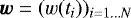 Mathematical equation: $\bm w = (w(t_i))_{i=1\ldots N}$