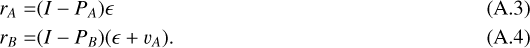 Mathematical equation: \begin{align*} r_A = & (I- P_A)\epsilon \\ r_B = &(I- P_B)(\epsilon +v_A). \end{align*}