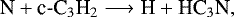 Mathematical equation: \begin{equation*} {\textrm{N} + \textrm{c-C}_3\textrm{H}_2 \longrightarrow {\textrm{H}} + \textrm{HC}_3\textrm{N}}, \end{equation*}