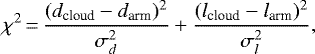 Mathematical equation: \begin{equation*}\chi^2 \,{=}\, \frac{(d_{\textrm{cloud}}-d_{\textrm{arm}})^2}{\sigma^2_{d}} + \frac{(l_{\textrm{cloud}}-l_{\textrm{arm}})^2}{\sigma^2_{l}},\end{equation*}