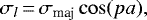 Mathematical equation: \begin{equation*}\sigma_{l} \,{=}\, \sigma_{\textrm{maj}}\cos(pa),\end{equation*}