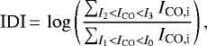 Mathematical equation: \begin{equation*}\textrm{IDI} \,{=}\, \log \left(\frac{\sum_{I_2<I_{\textrm{CO}}<I_3} I_{\textrm{CO,i}}}{\sum_{I_1<I_{\textrm{CO}}<I_0} I_{\textrm{CO,i}}} \right),\end{equation*}
